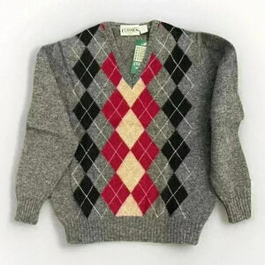 Vintage Sears Classic Mens L 100% Shetland Wool Gray Black Argyle V-Neck Sweater